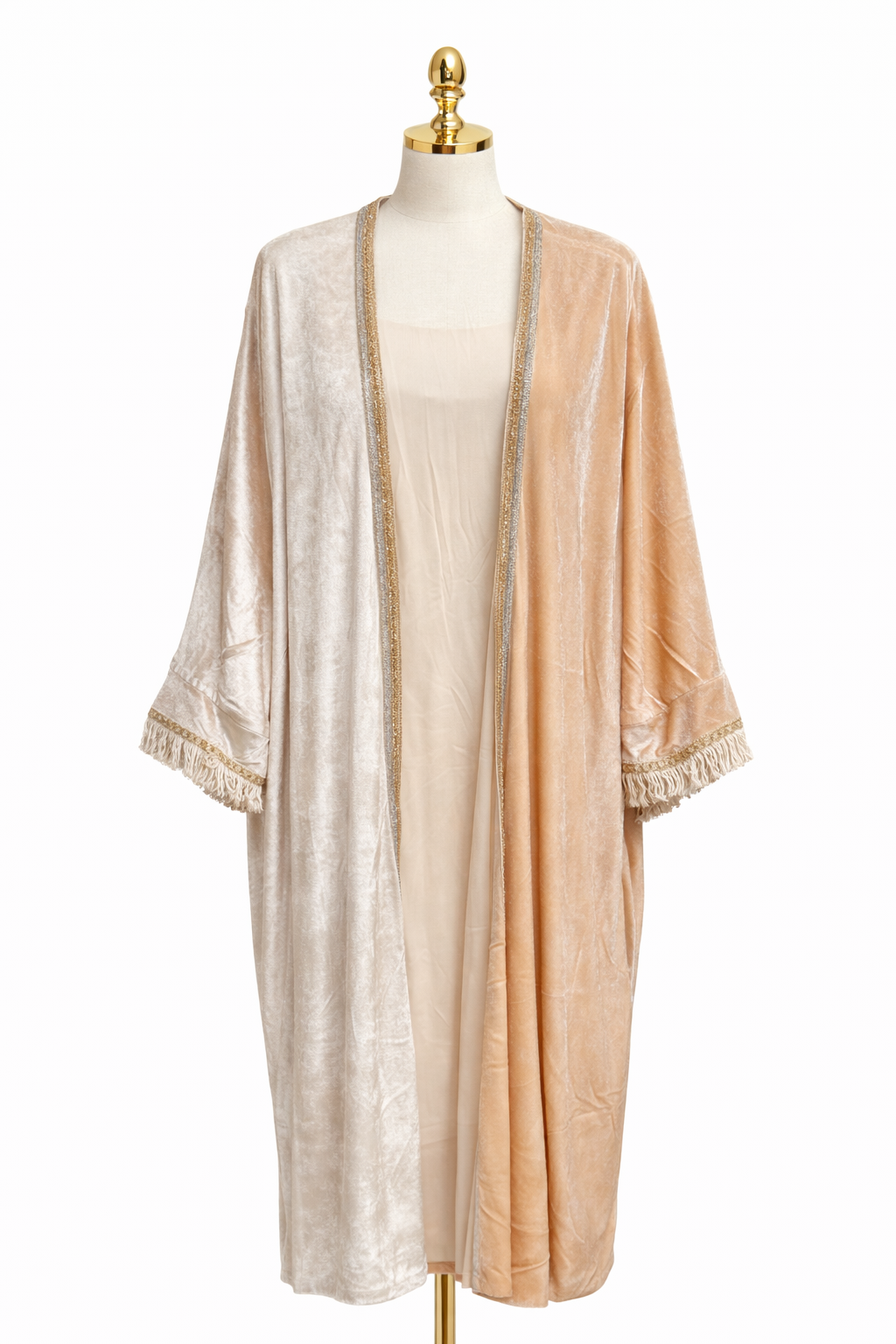 Two-Tone Velvet Open Abaya Cardigan with Gold Trim
