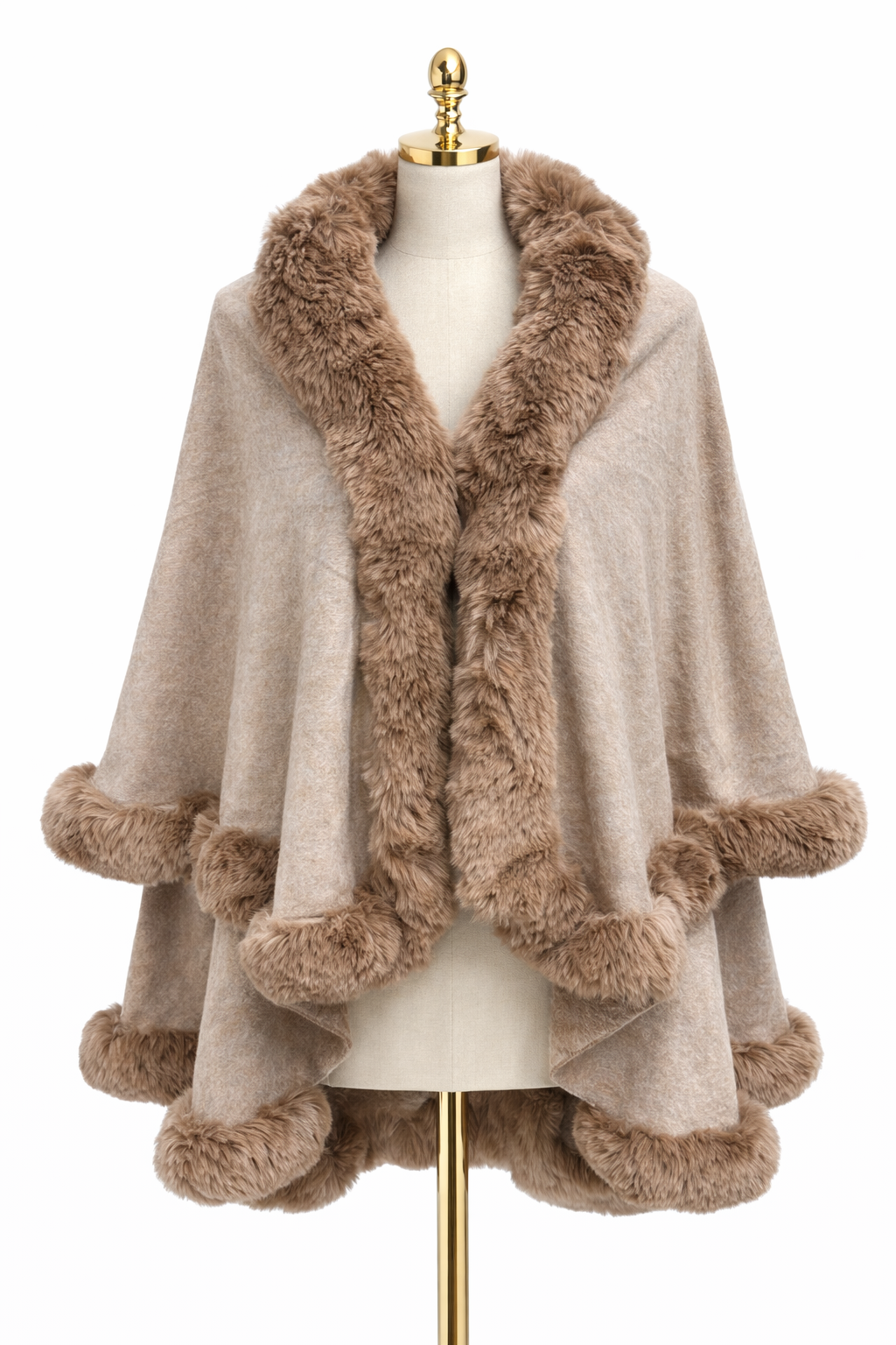 Taupe Winter Cape with Faux Fur Trim