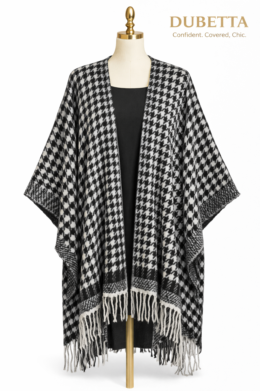 Black & White Houndstooth Winter Poncho with Fringe