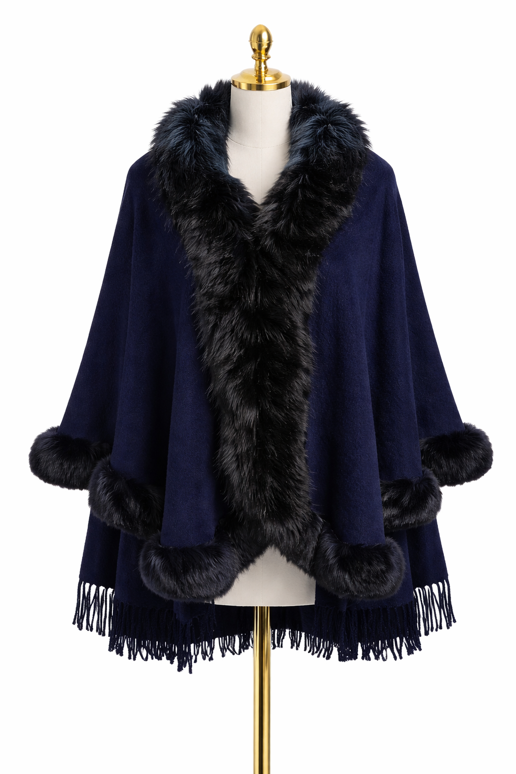 Navy Winter Cape with Faux Fur Trim