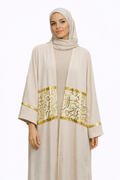 Beige Cardigan with Gold Arabic Print Detail