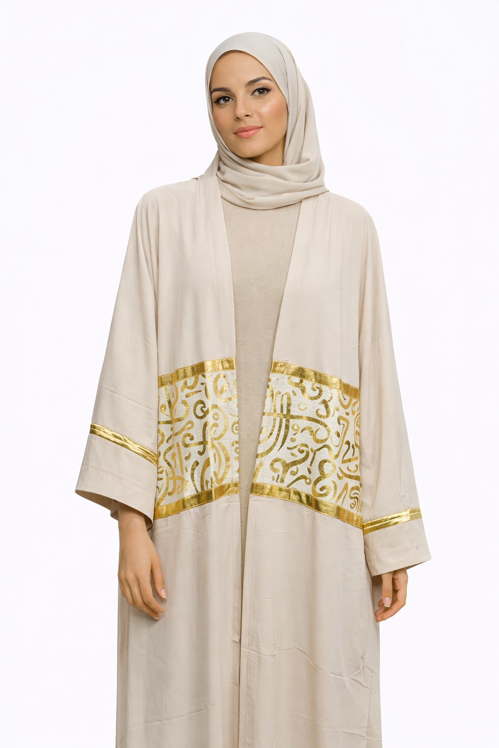 Beige Cardigan with Gold Arabic Print Detail