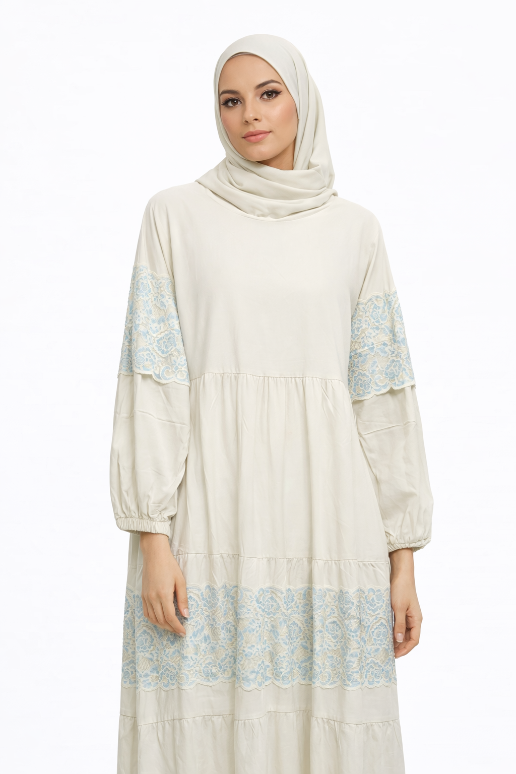 Cream Cotton Isdal with Sky Blue Lace Details