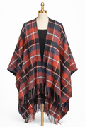 Red & Navy Plaid Winter Poncho with Fringe
