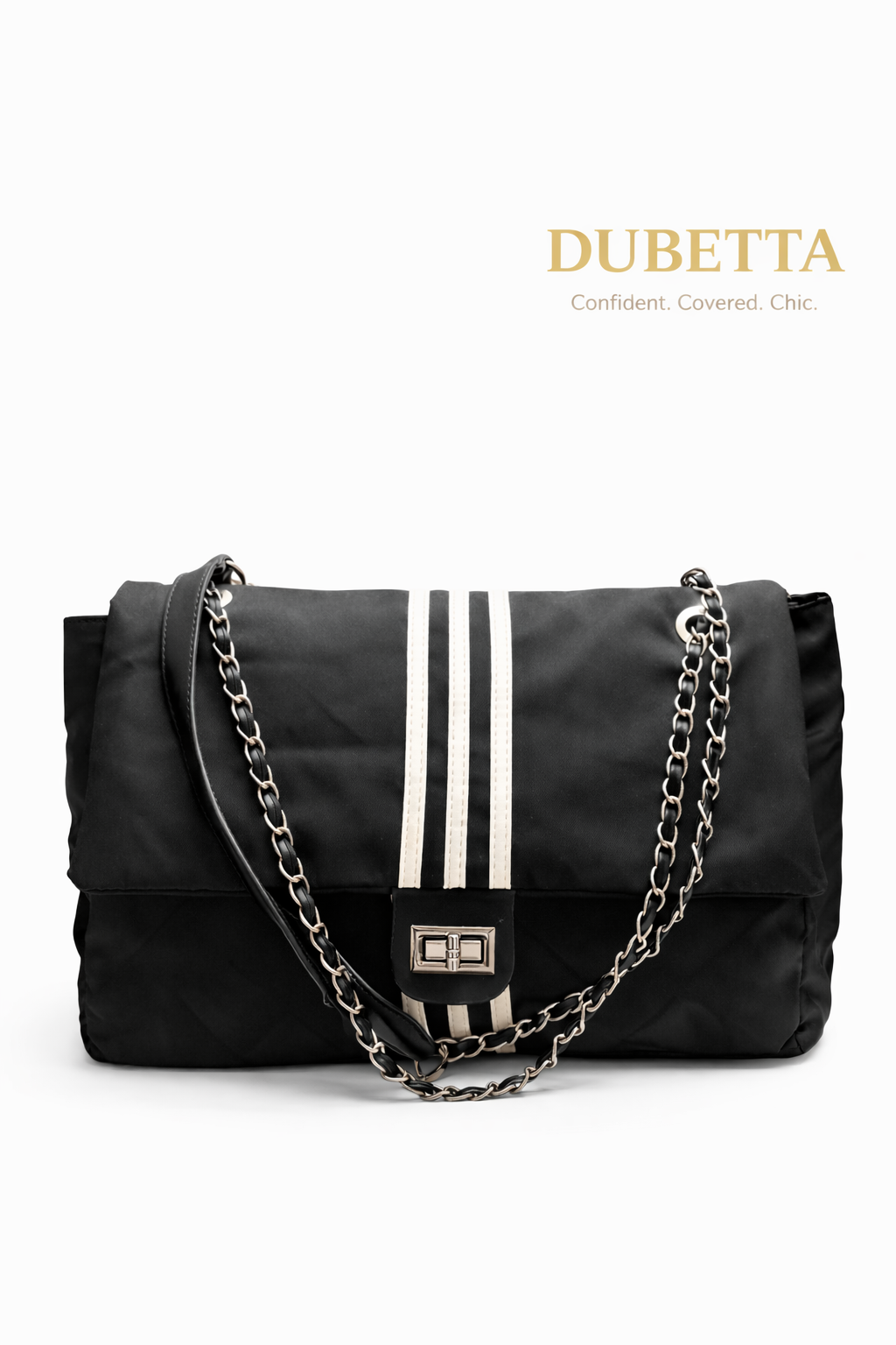 Dubetta Quilted Chain Shoulder Bag – Black & White Accent