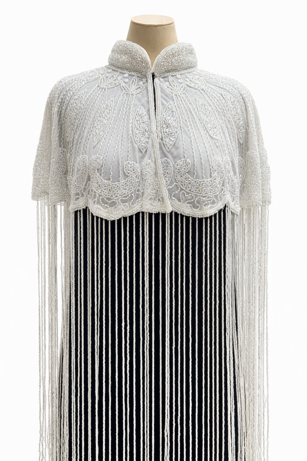 White Beaded Cape with Fringe Detail