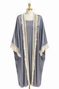 Steel Grey Satin Open Abaya with Fringe & Lace Trim
