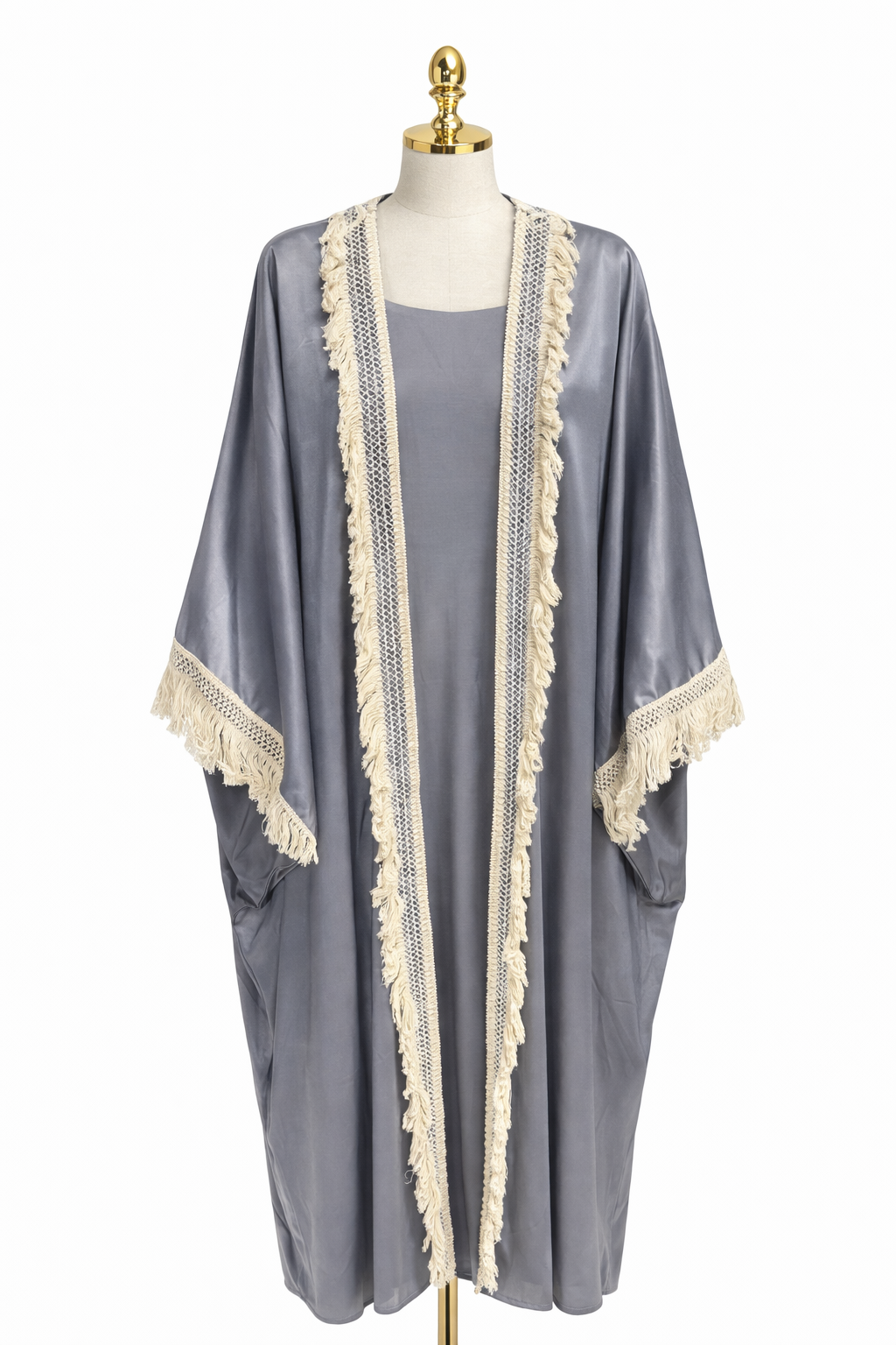 Steel Grey Satin Open Abaya with Fringe & Lace Trim