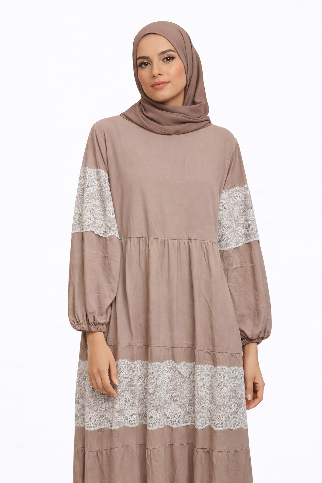 Mocha Cotton Isdal with White Lace Panels