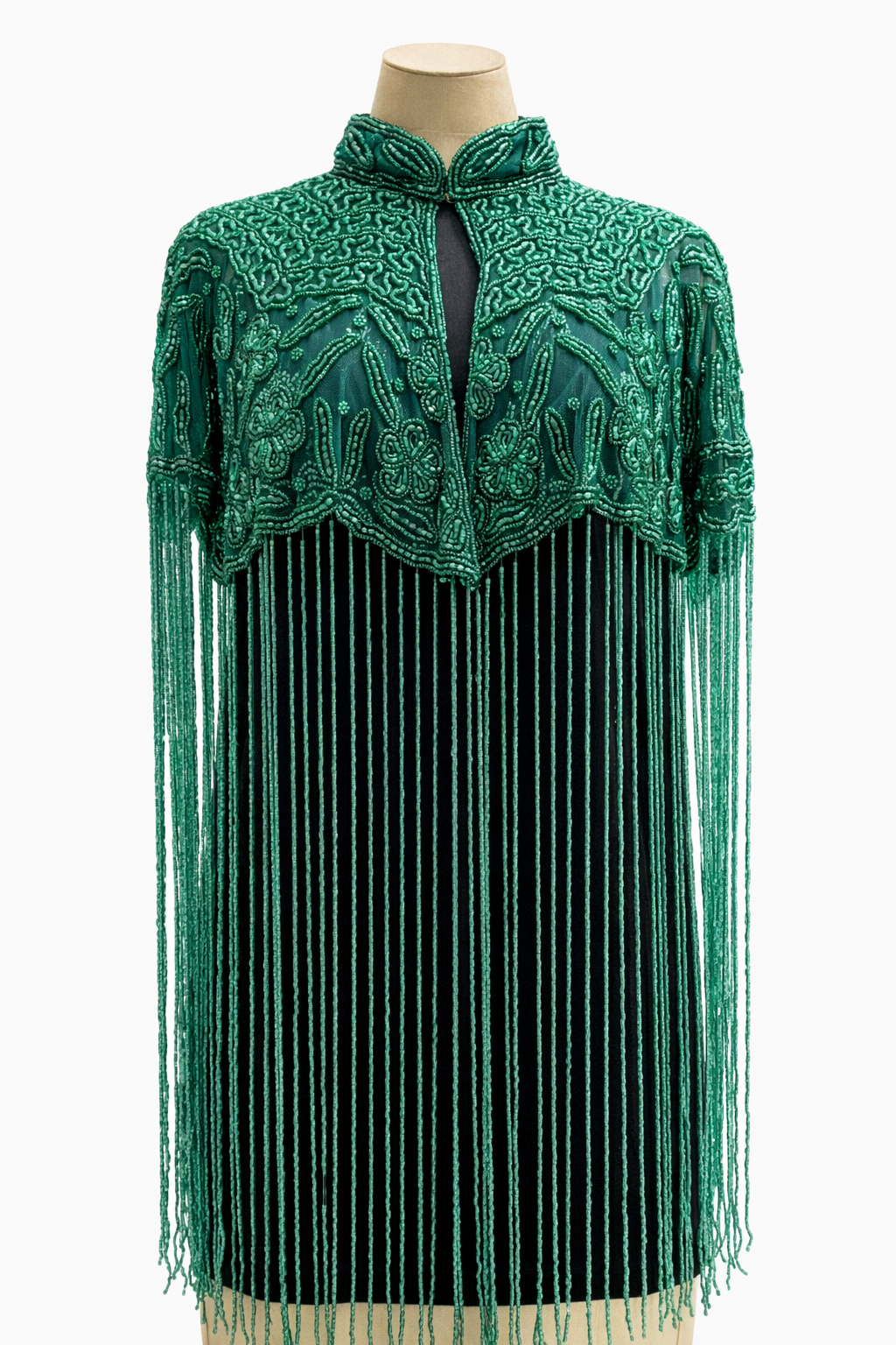 Emerald Beaded Cape with Fringe Detail