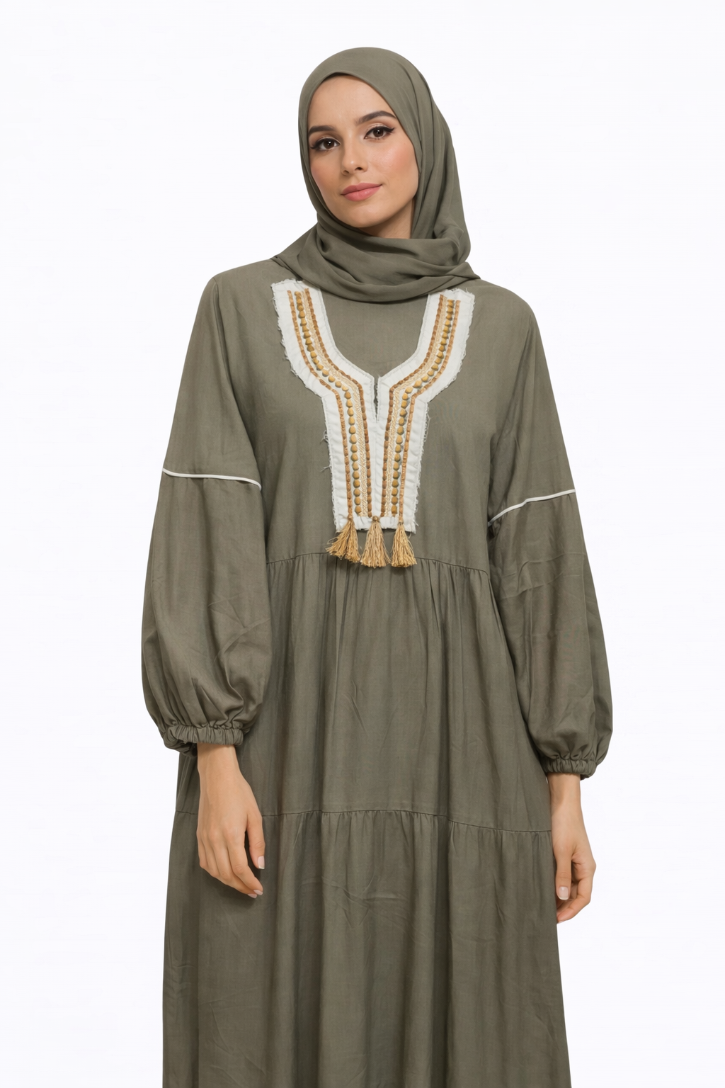 Olive Cotton Isdal with Tassel Embroidery