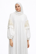 White Cotton Isdal with 3D Floral Lace Sleeves