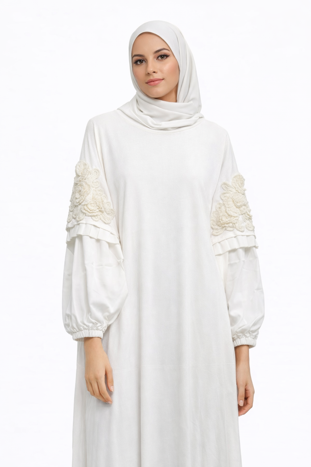White Cotton Isdal with 3D Floral Lace Sleeves