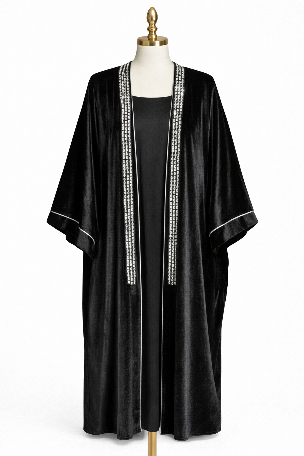 Black Velvet Rhinestone Trim Open Abaya
