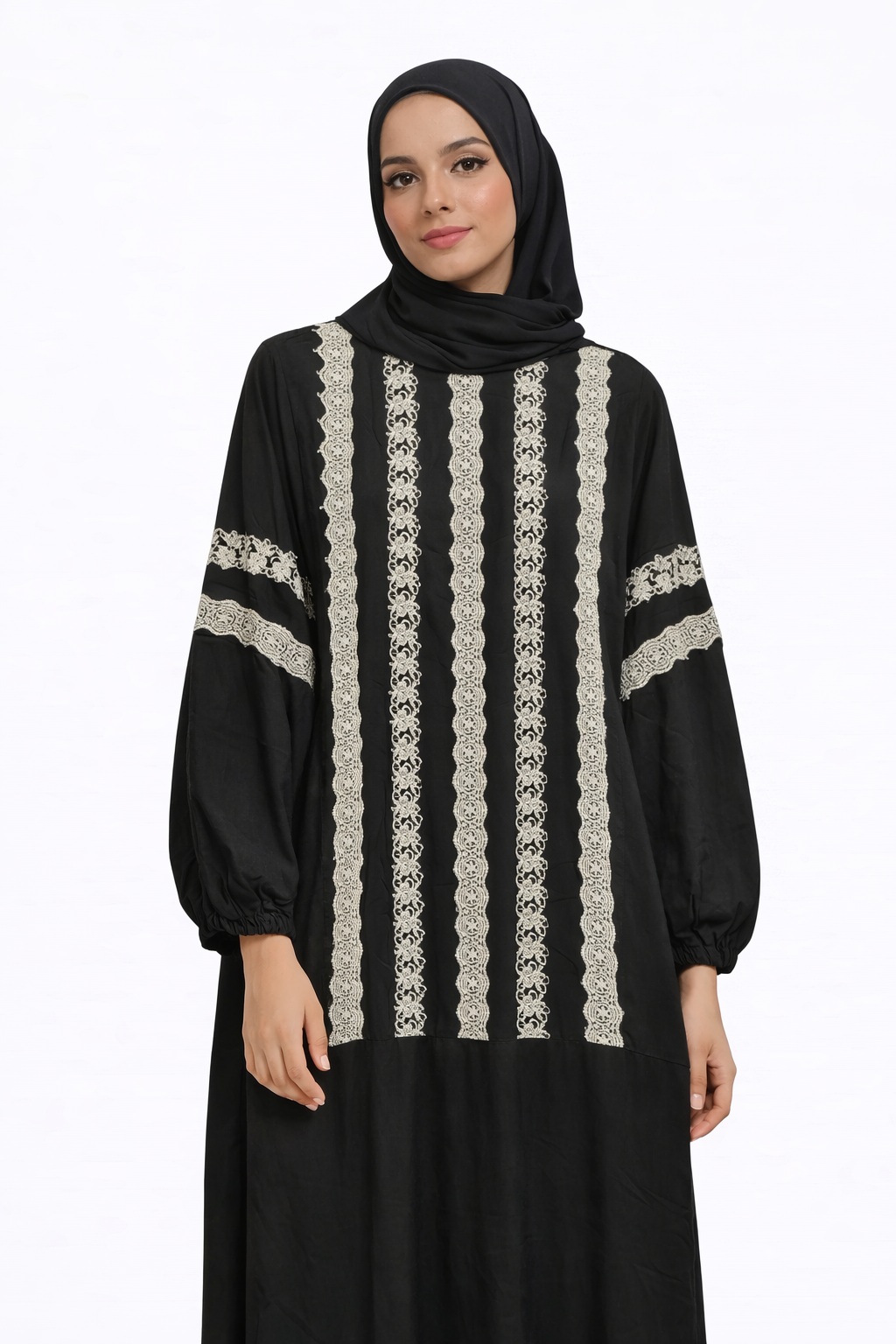 Black Cotton Isdal with Vertical Lace Detailing