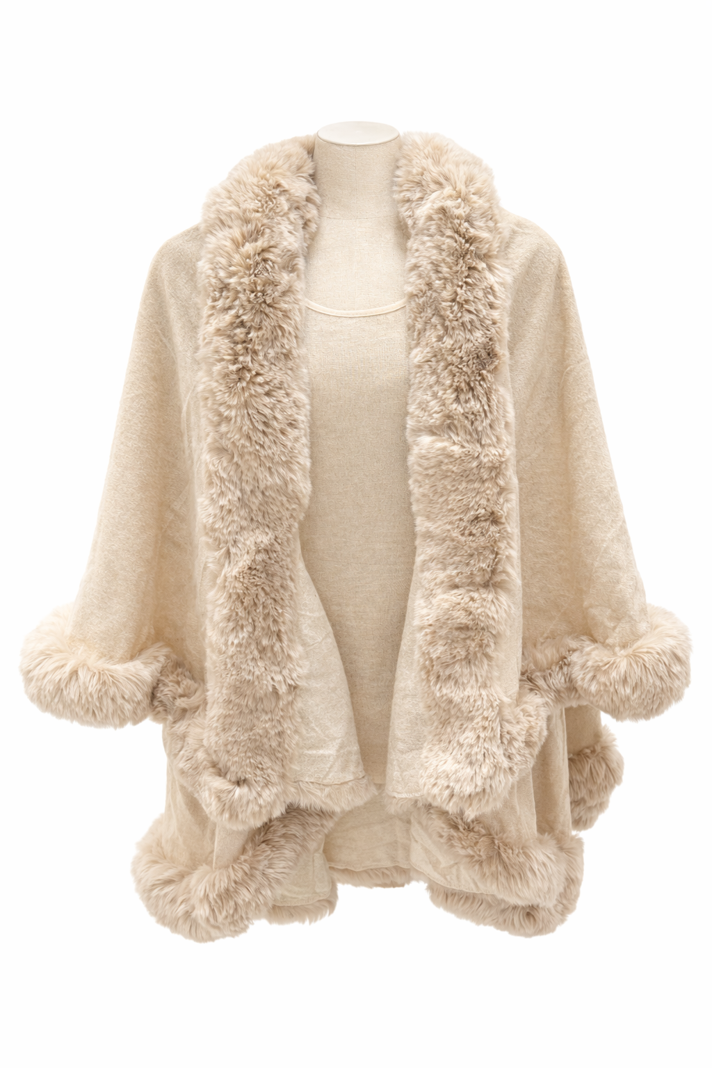 Beige Winter Cape with Faux Fur Trim