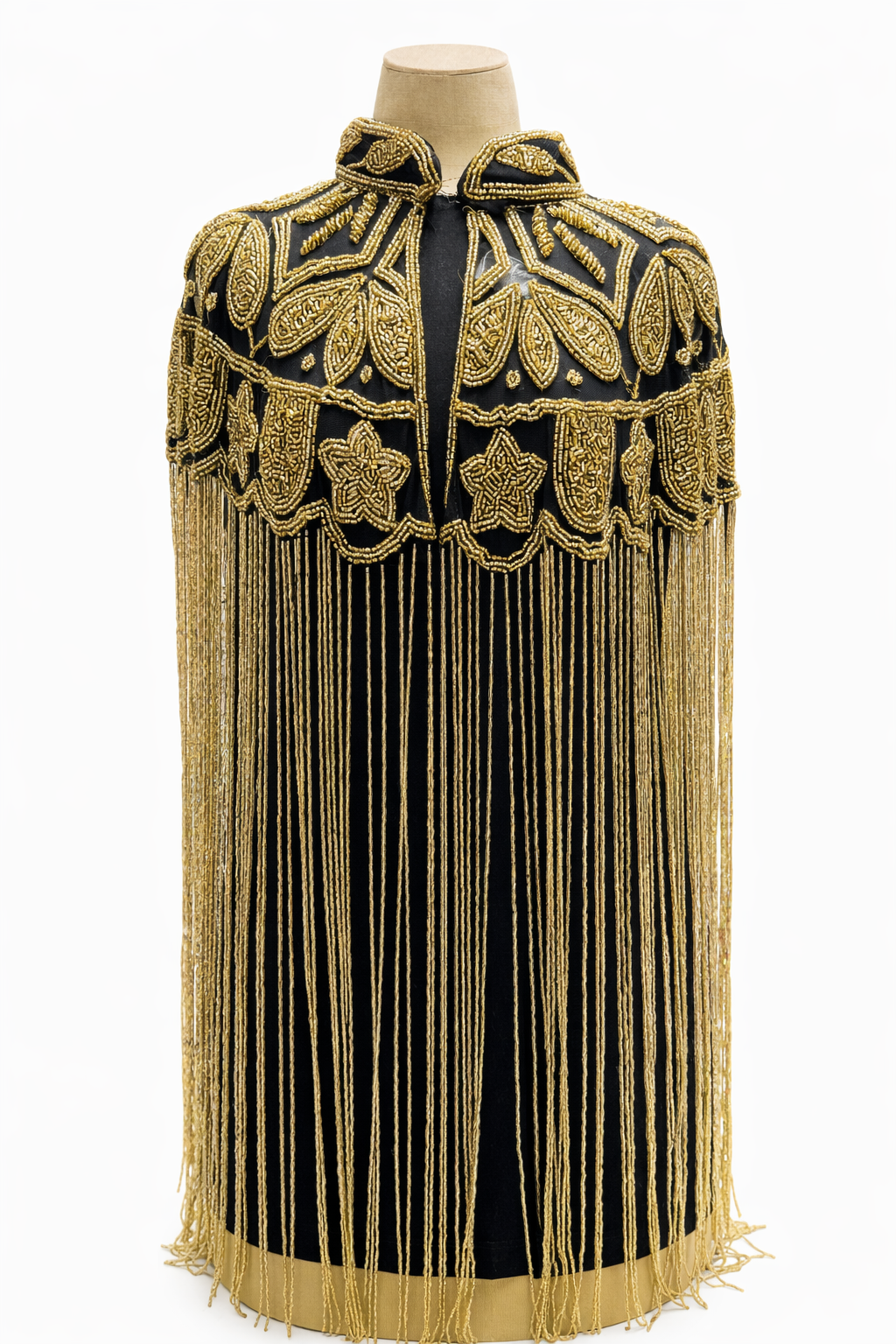 Gold Beaded Cape with Fringe Detail