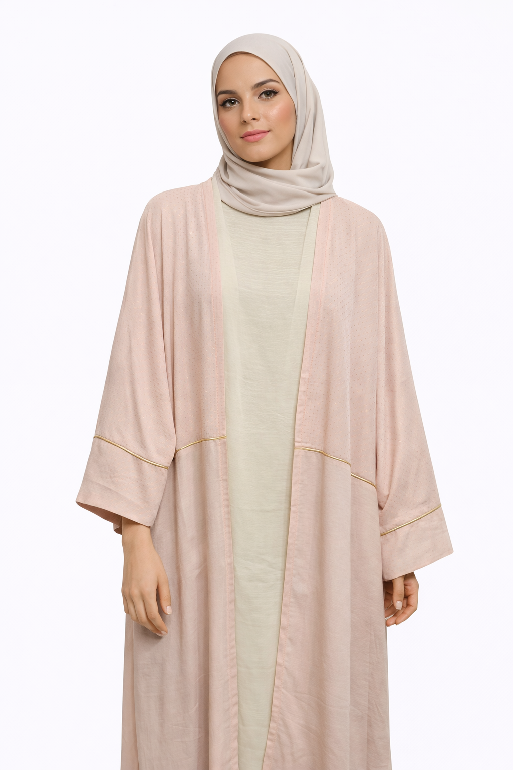Blush Pink Open-Front Cardigan with Gold Piping