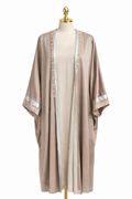Taupe Satin Open Abaya Cardigan with Silver Trim