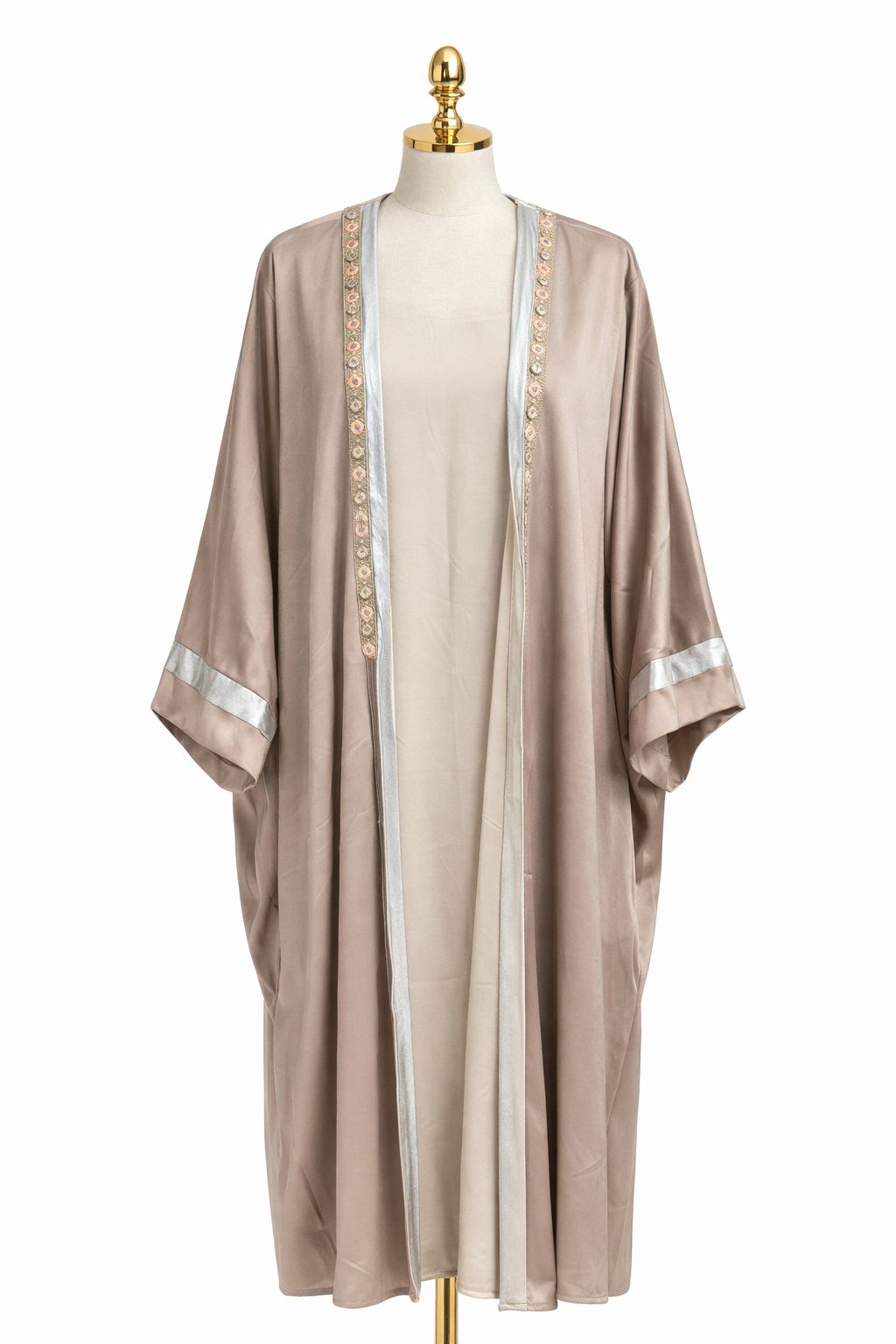 Taupe Satin Open Abaya Cardigan with Silver Trim
