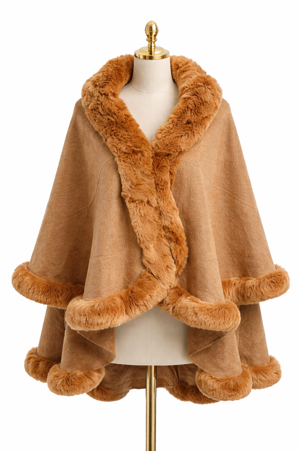 Camel Winter Cape with Faux Fur Trim
