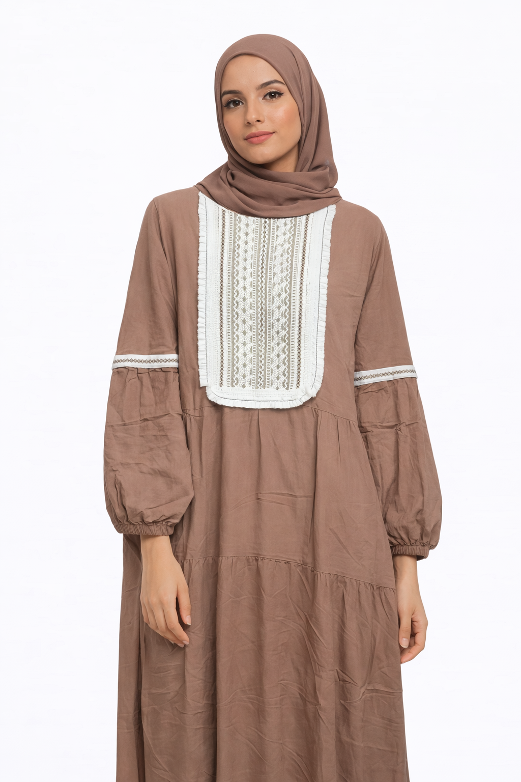 Brown Cotton Isdal with Embroidered Bib Detail